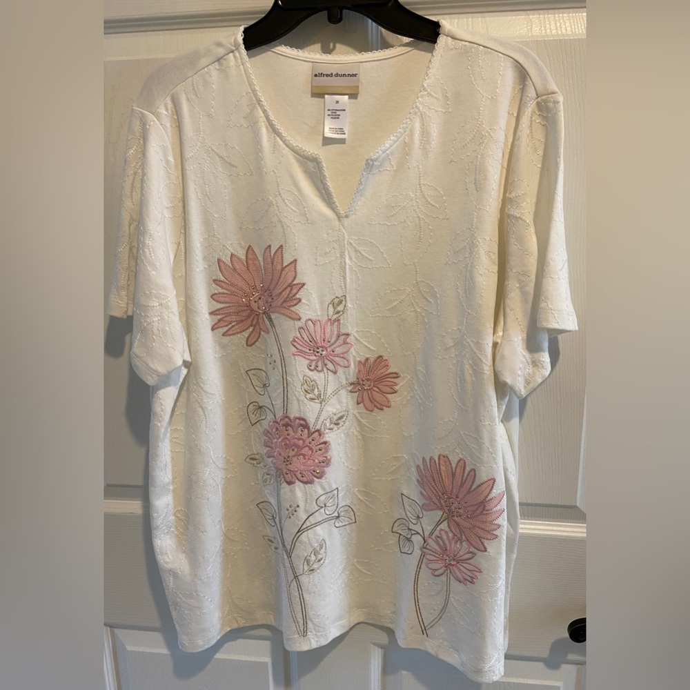 Womens beautiful white top with pink embroidered flowers